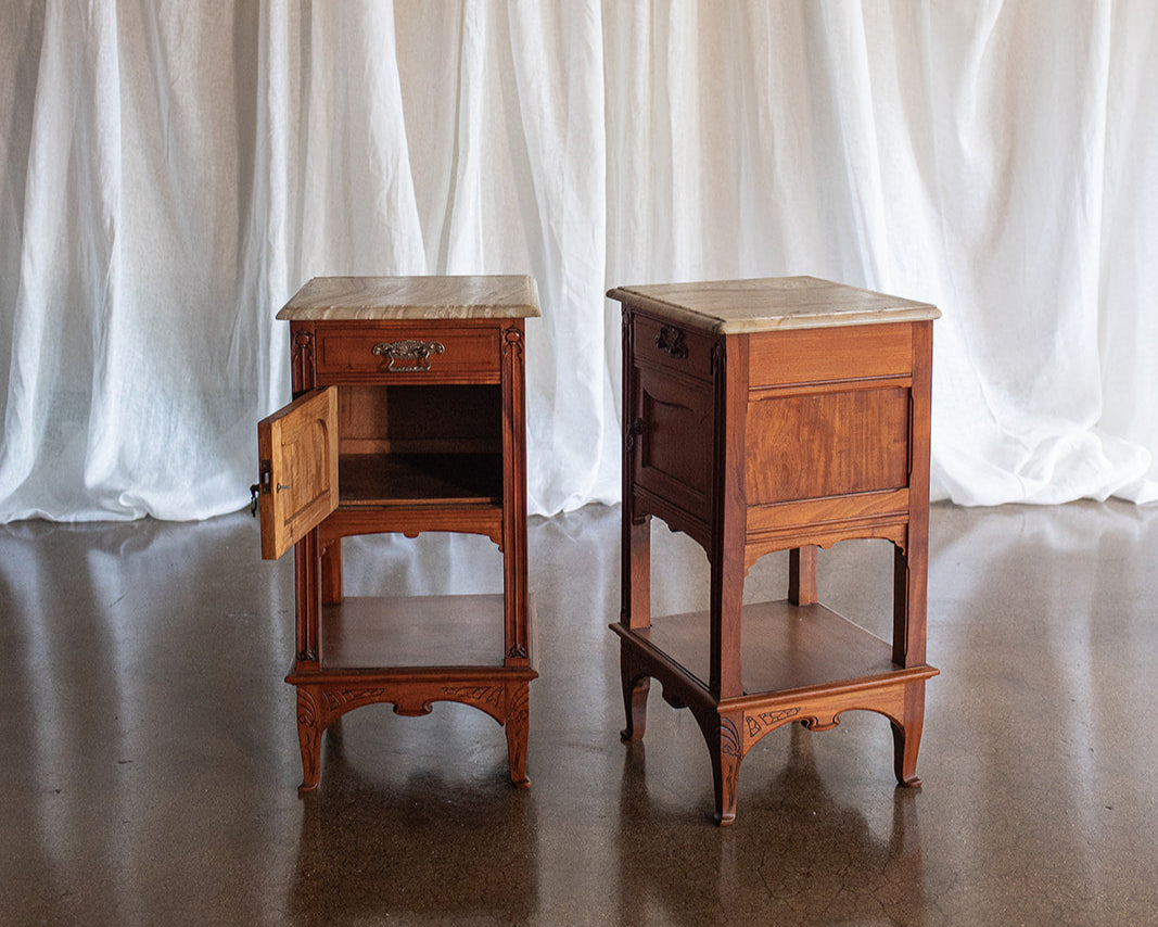 Pair of Art Nouveau Nightstands with Beveled Edge Onyx Tops