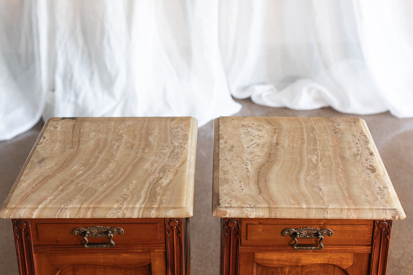 Pair of Art Nouveau Nightstands with Beveled Edge Onyx Tops