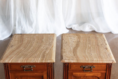 Pair of Art Nouveau Nightstands with Beveled Edge Onyx Tops