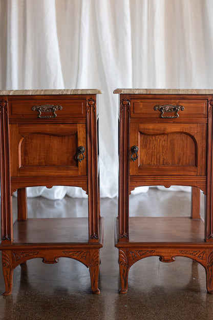 Pair of Art Nouveau Nightstands with Beveled Edge Onyx Tops