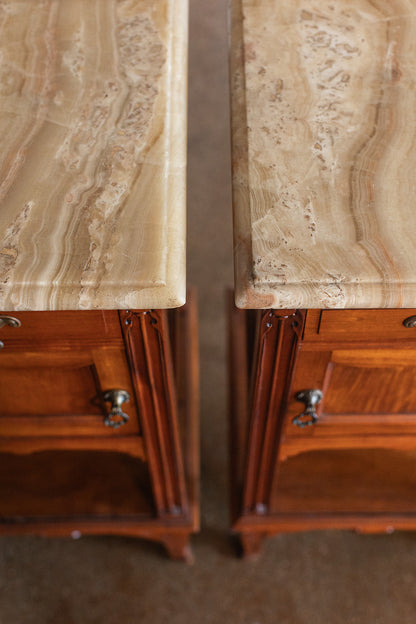 Pair of Art Nouveau Nightstands with Beveled Edge Onyx Tops