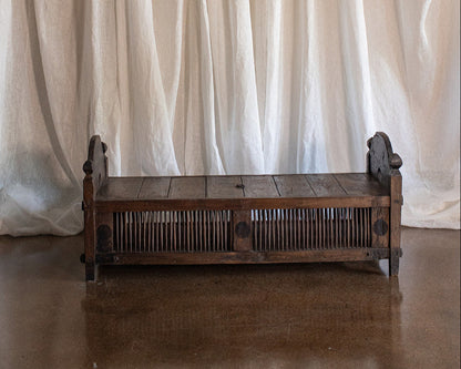 Vintage Primitive Style Carved Teak Wood Bench With Storage