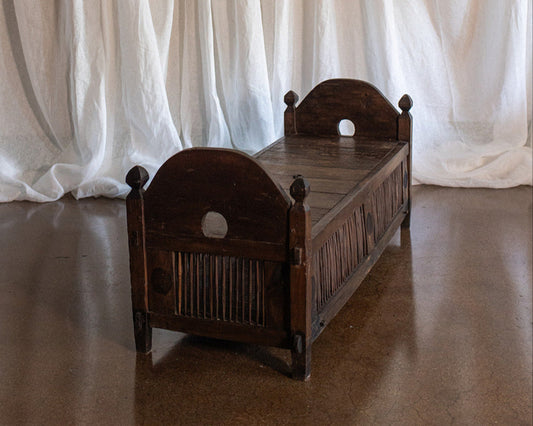 Vintage Primitive Style Carved Teak Wood Bench With Storage