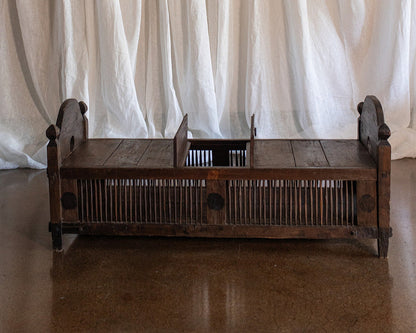 Vintage Primitive Style Carved Teak Wood Bench With Storage