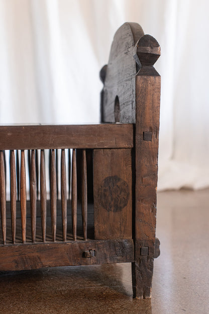 Vintage Primitive Style Carved Teak Wood Bench With Storage
