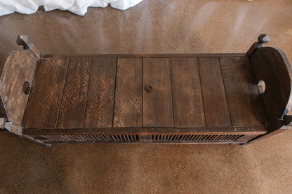 Vintage Primitive Style Carved Teak Wood Bench With Storage