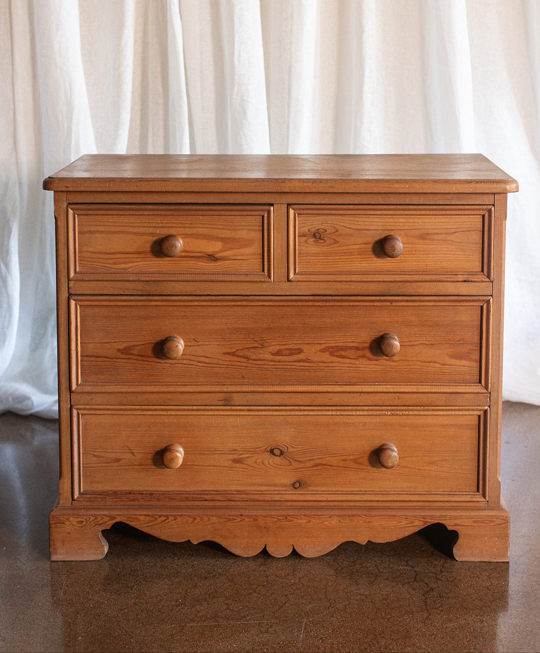 Vintage Four Drawer Pine Chest with Scallop Detail Base - Early 1900s
