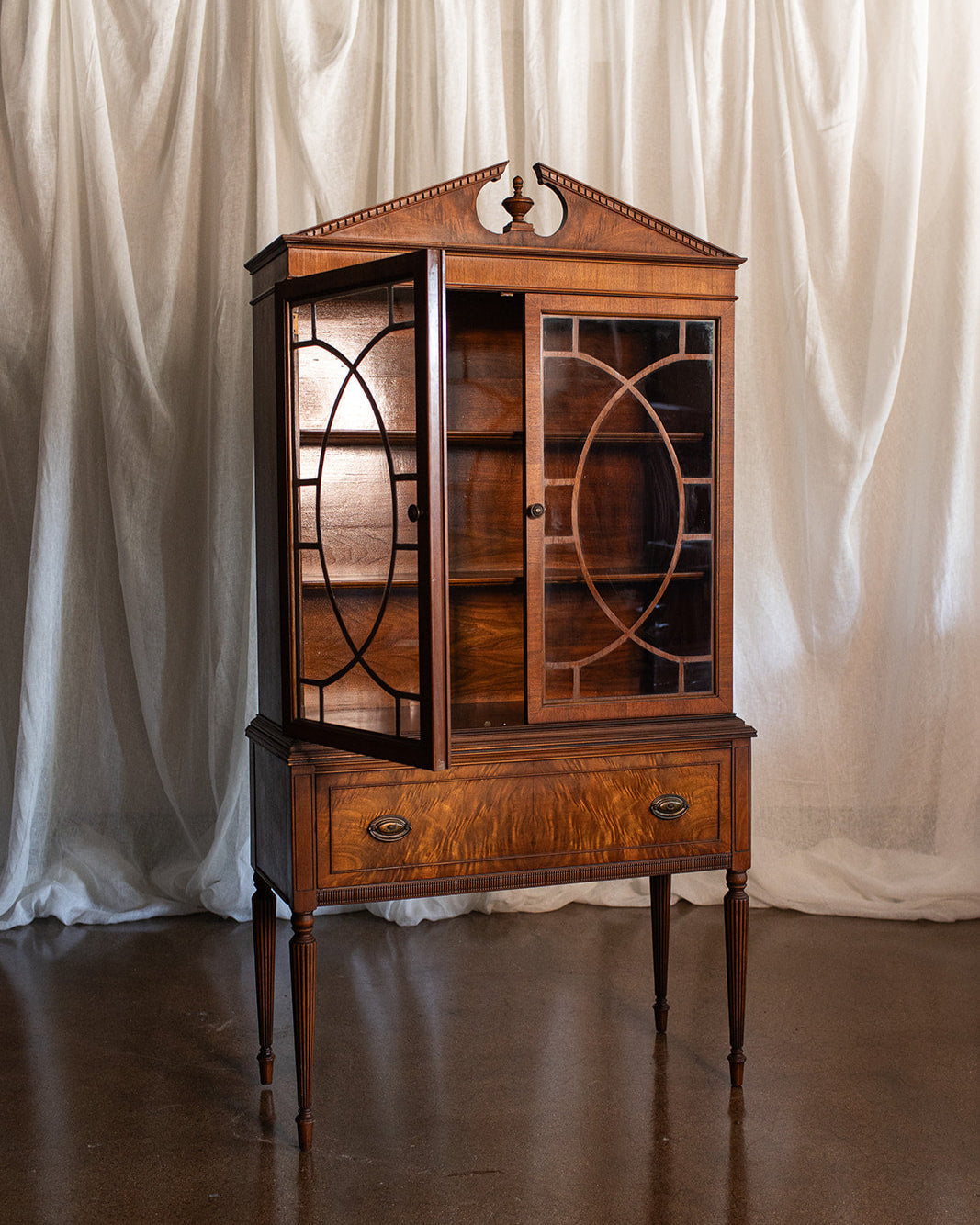 Segmental Pediment Federal Style Glass Front Display Cabinet - Mid 20th Century