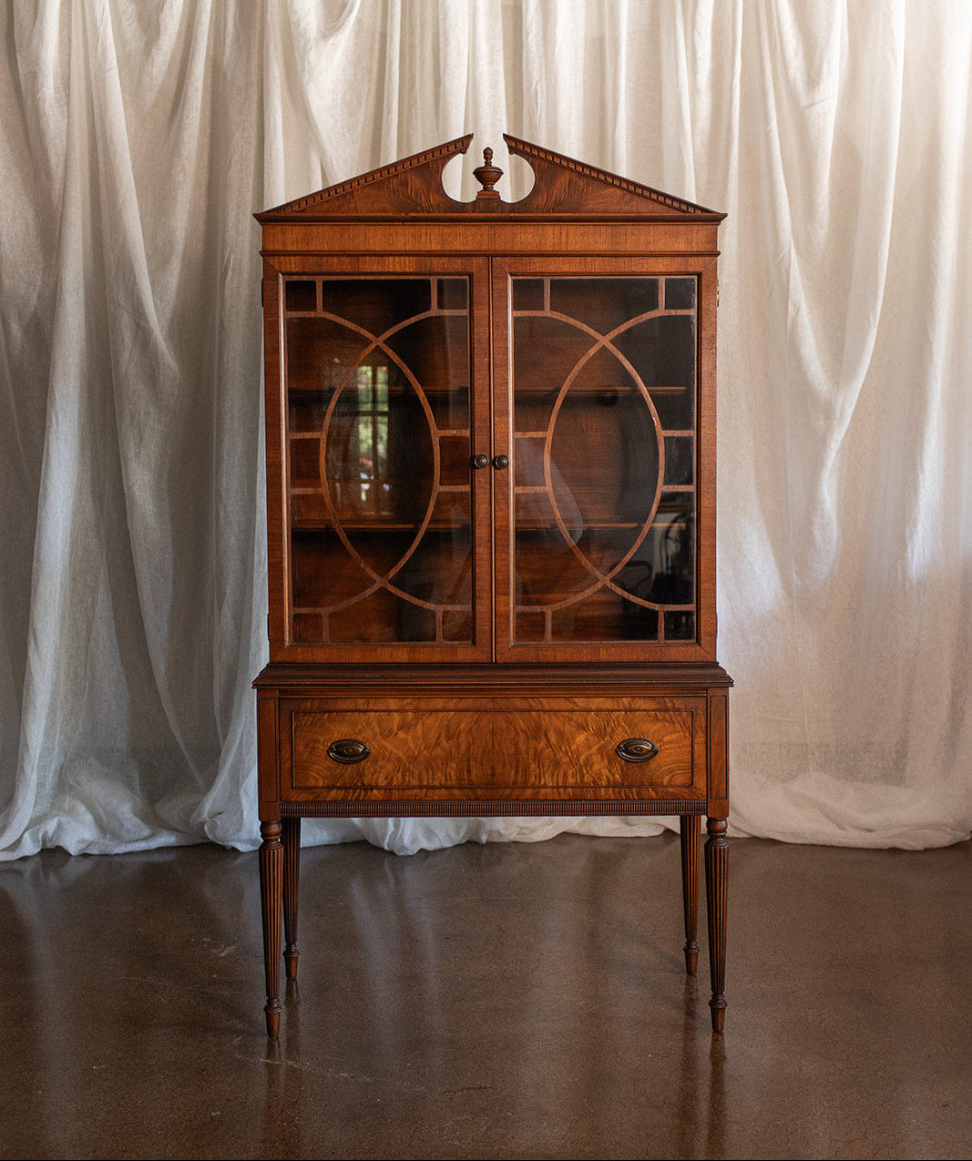 Segmental Pediment Federal Style Glass Front Display Cabinet - Mid 20th Century