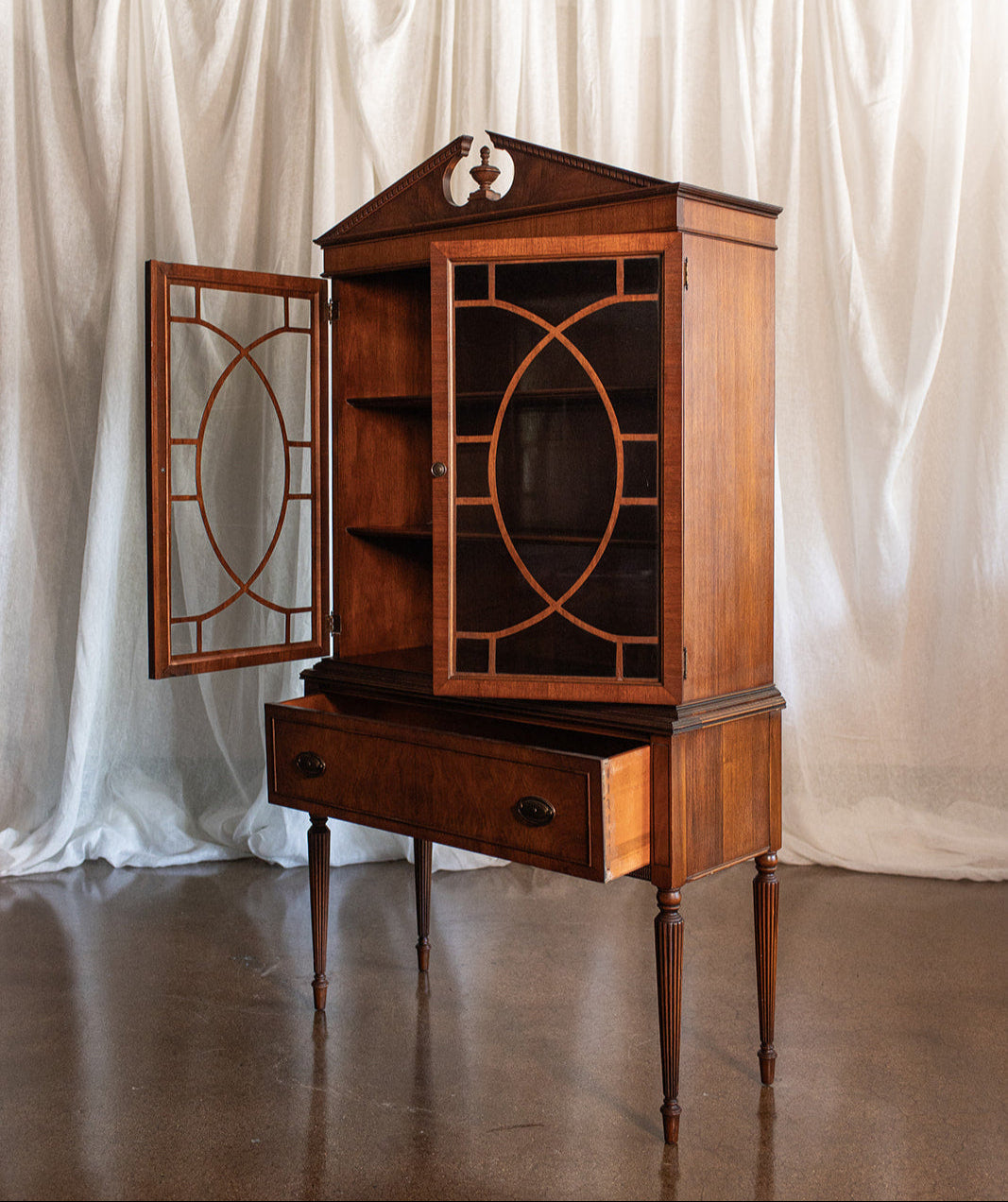 Segmental Pediment Federal Style Glass Front Display Cabinet - Mid 20th Century