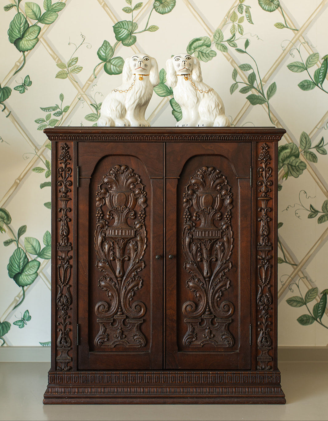 Carved Two Door Kitchen or Vanity Counter Top Cabinet