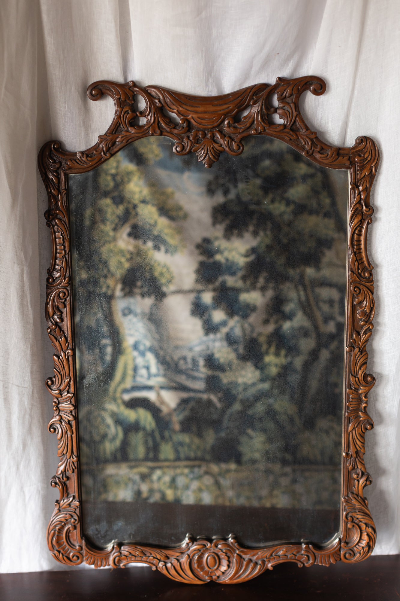 Carved Wood Wall Mirror with Scrolled Crest Frame