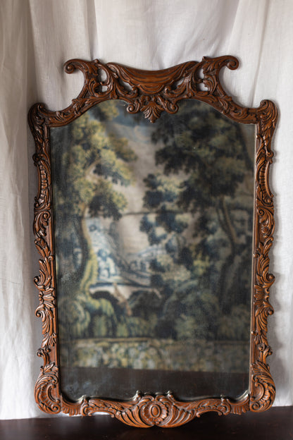Carved Wood Wall Mirror with Scrolled Crest Frame