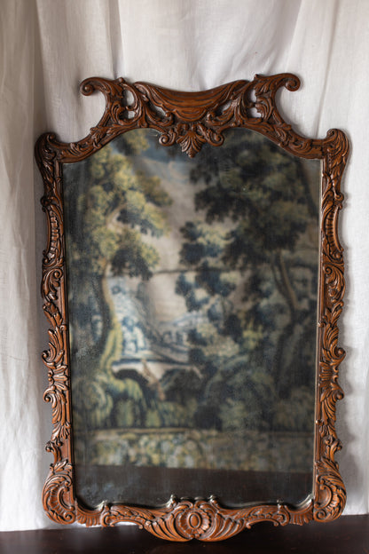 Carved Wood Wall Mirror with Scrolled Crest Frame