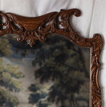 Carved Wood Wall Mirror with Scrolled Crest Frame