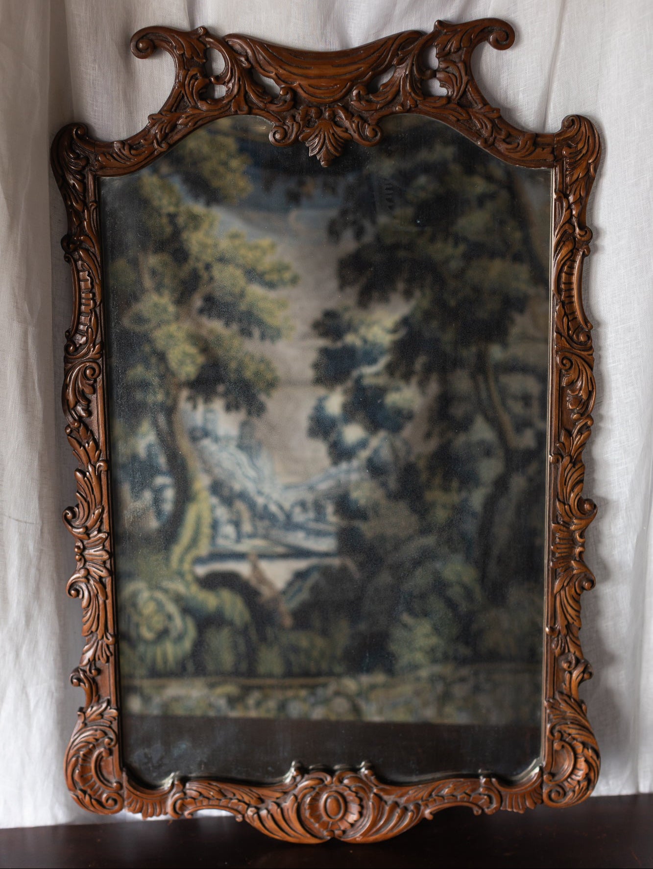 Carved Wood Wall Mirror with Scrolled Crest Frame