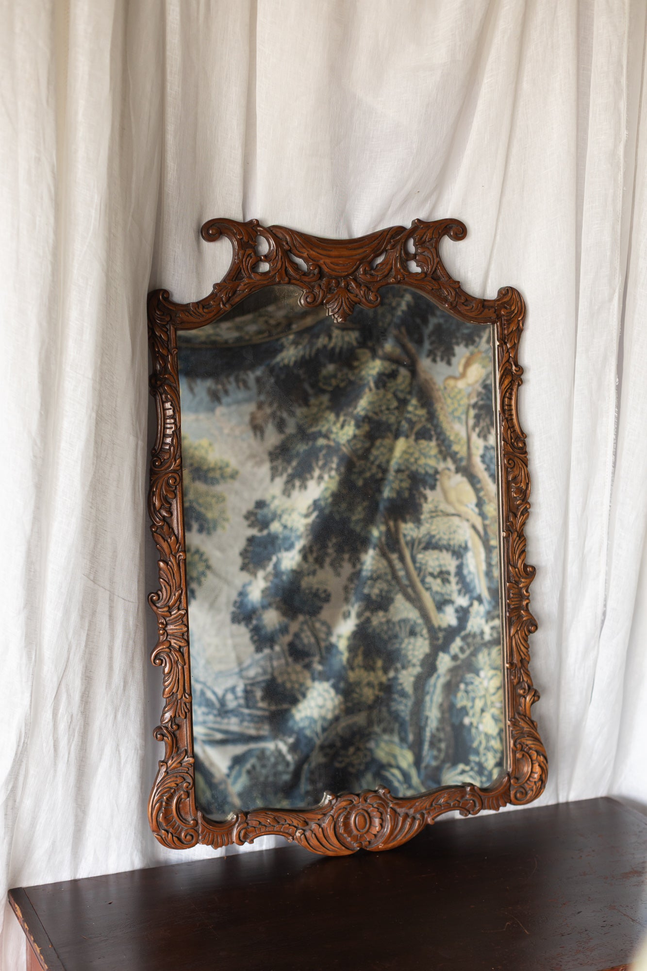 Carved Wood Wall Mirror with Scrolled Crest Frame