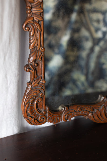 Carved Wood Wall Mirror with Scrolled Crest Frame