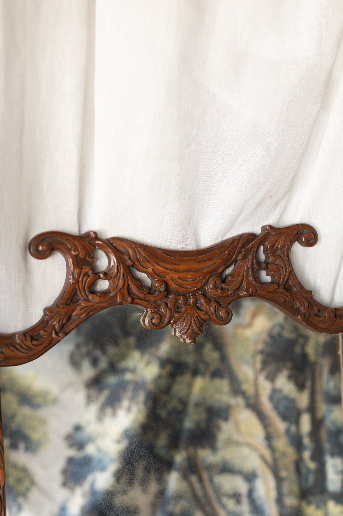 Carved Wood Wall Mirror with Scrolled Crest Frame