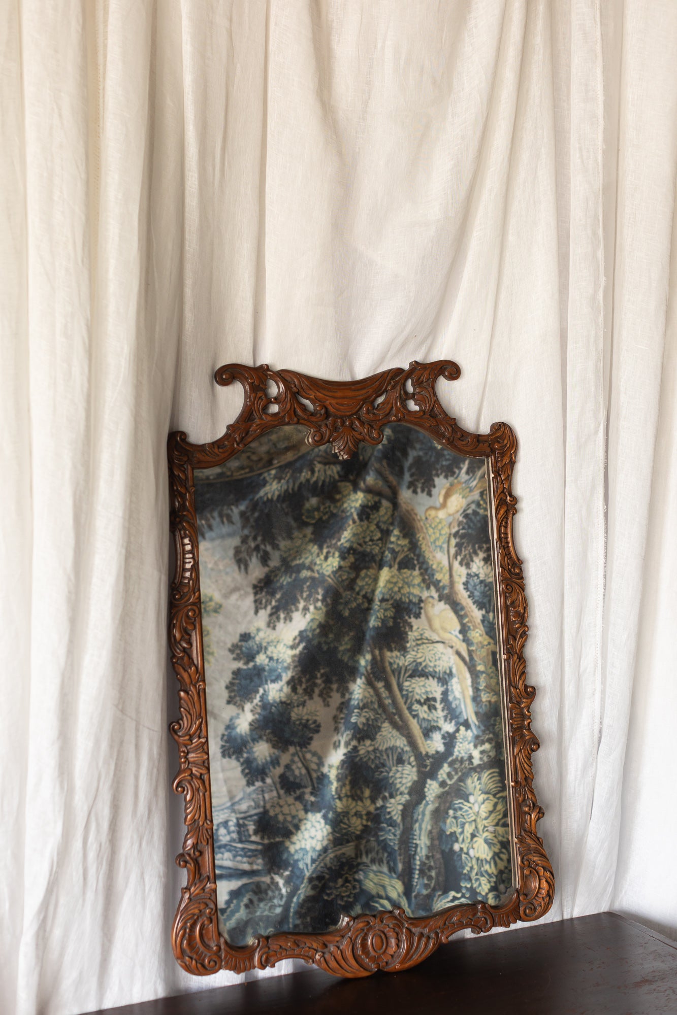 Carved Wood Wall Mirror with Scrolled Crest Frame