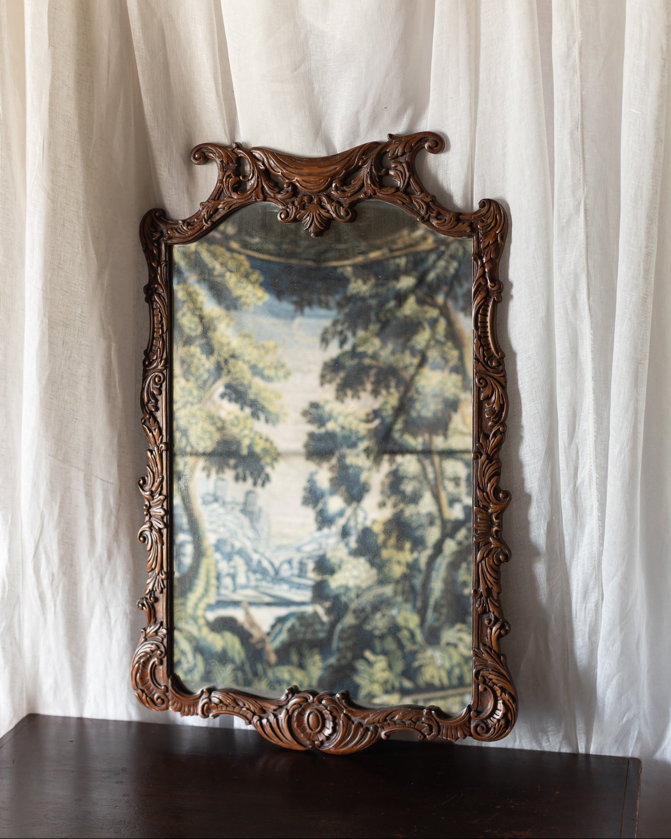 Carved Wood Wall Mirror with Scrolled Crest Frame