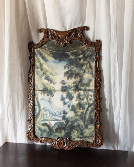 Carved Wood Wall Mirror with Scrolled Crest Frame