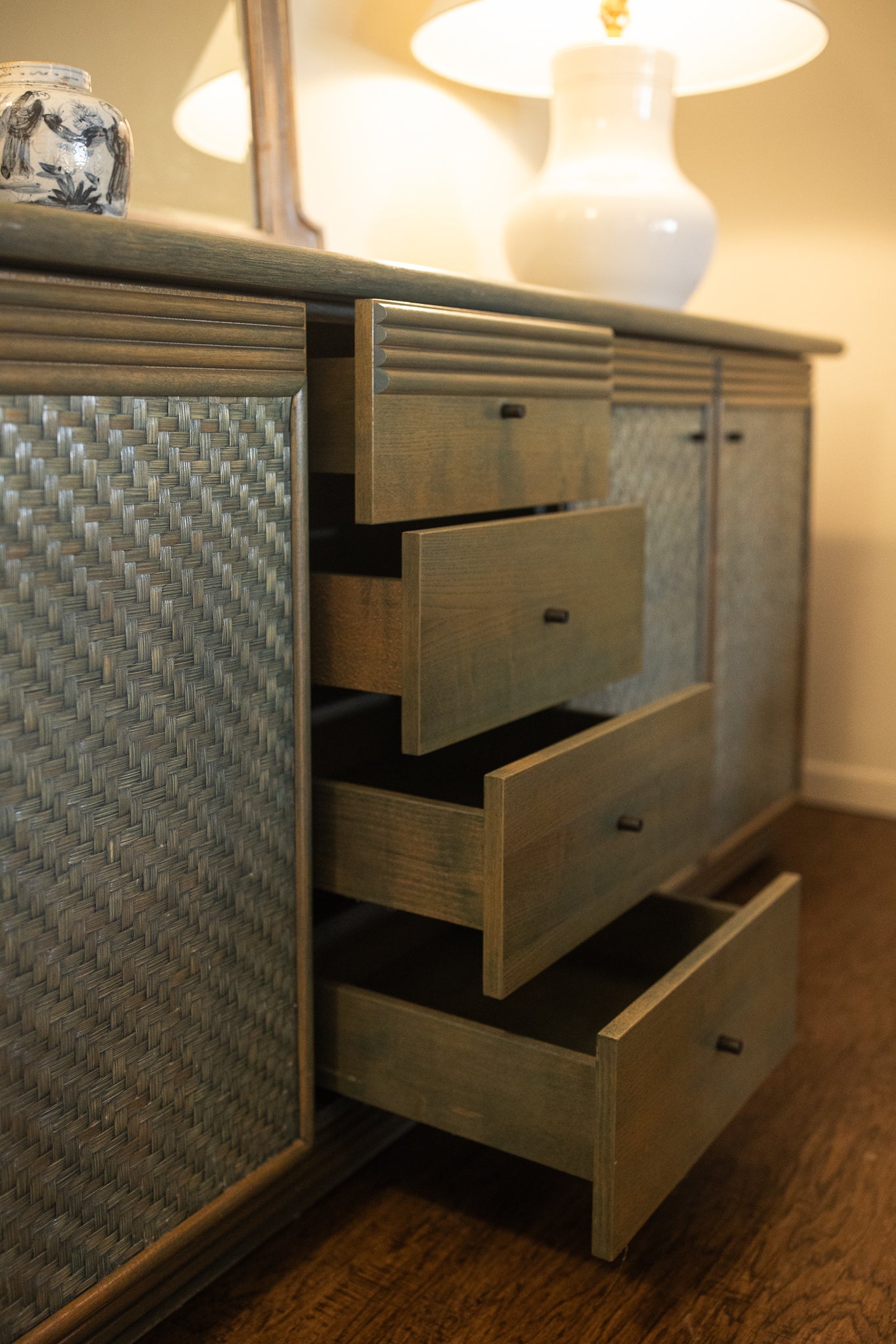 Pickled Green Rattan Sideboard