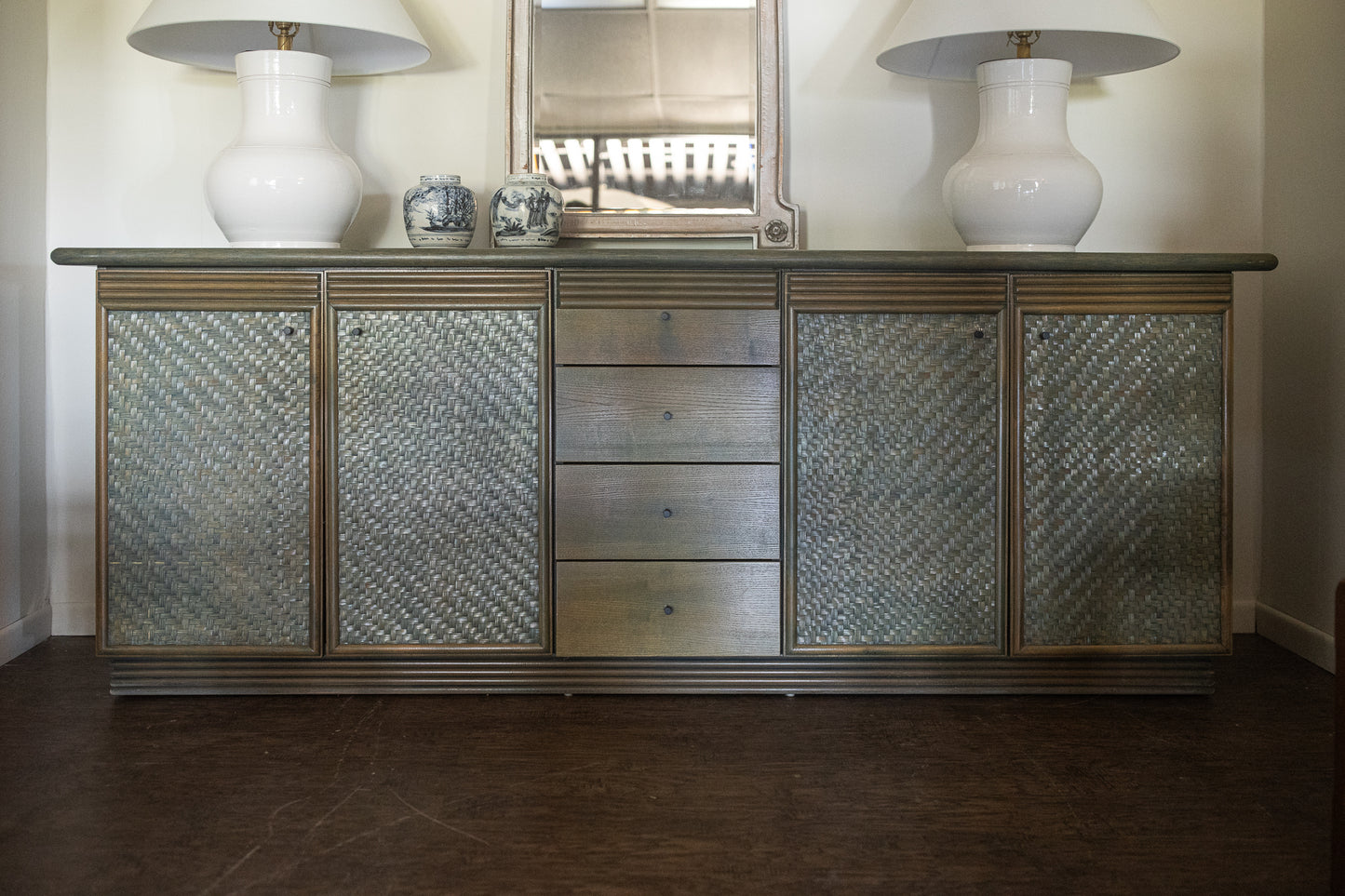 Pickled Green Rattan Sideboard