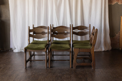 Set of Six Danish Modern Dining Chairs - Green Upholstery As Found