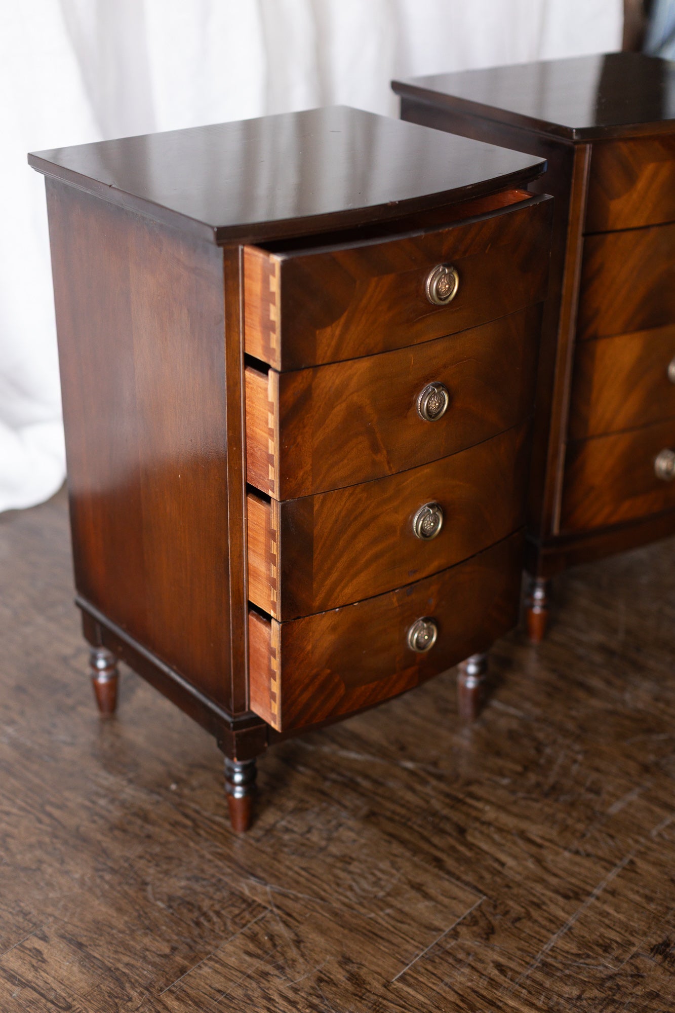 Pair of Four Drawer Nightstands with Turned Feet