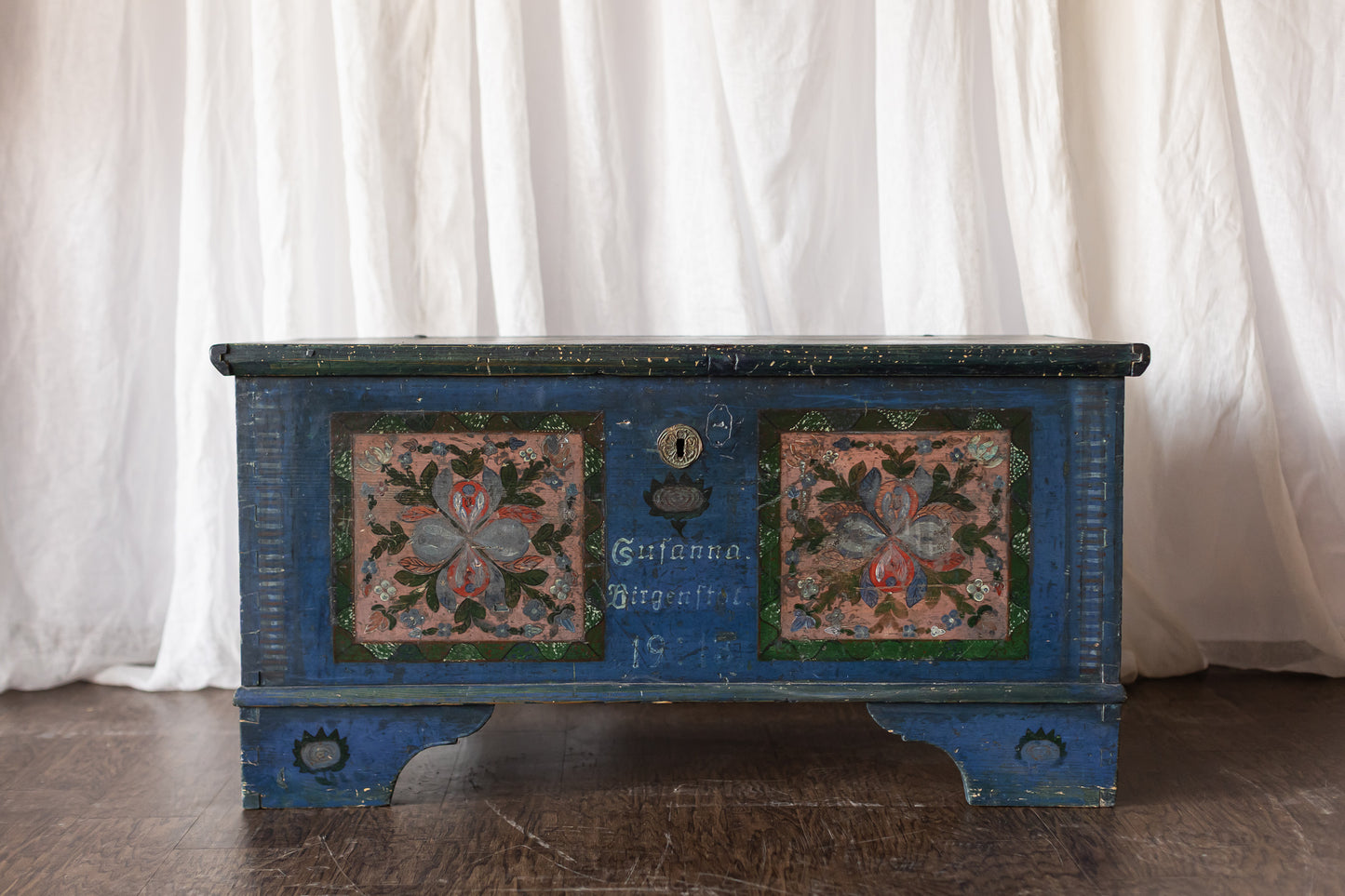 Antique Hand Painted Chest in Blue with Floral Motifs