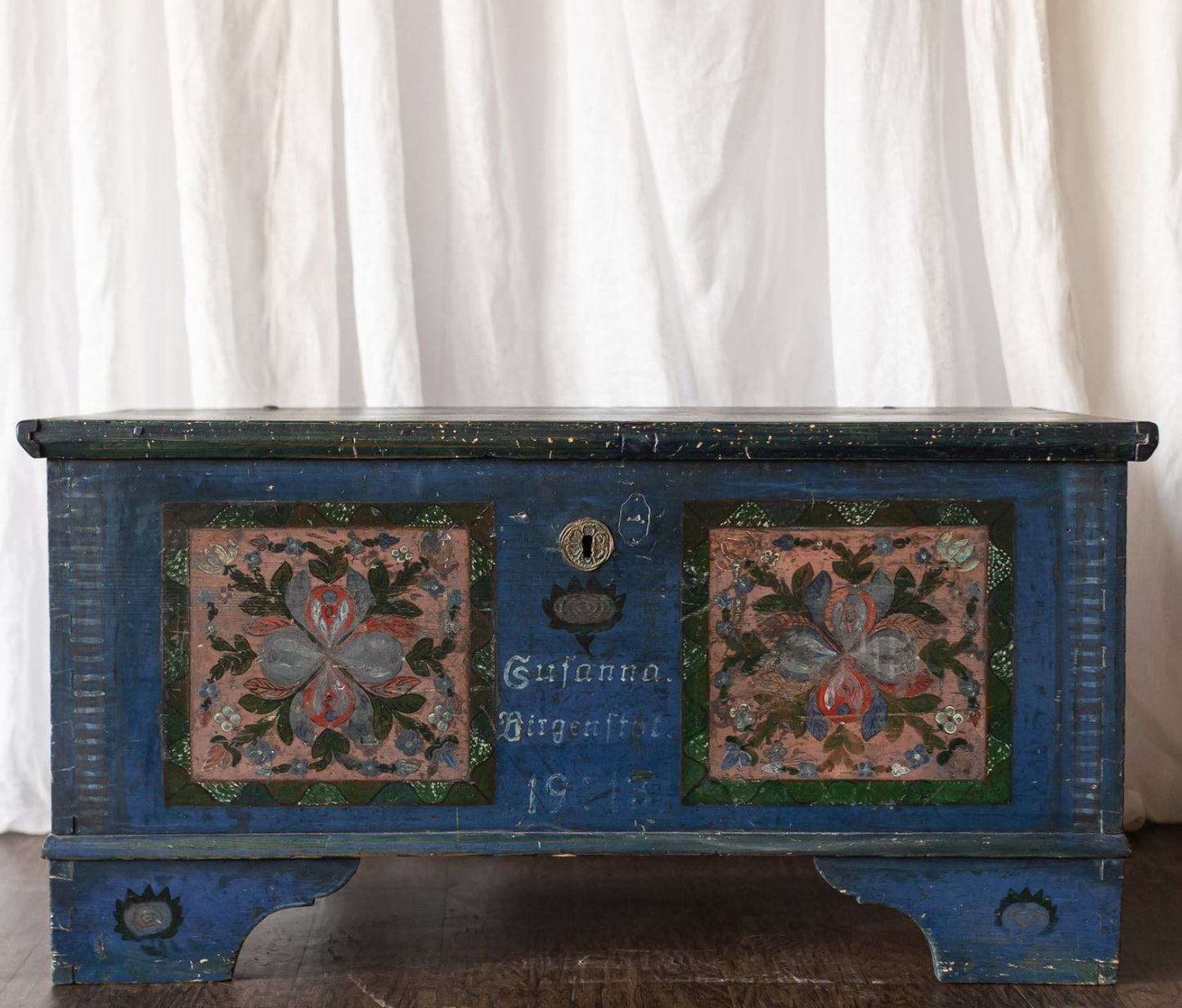Antique Hand Painted Chest in Blue with Floral Motifs