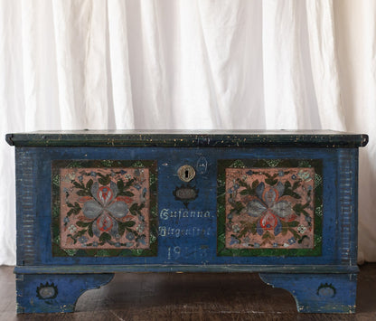 Antique Hand Painted Chest in Blue with Floral Motifs