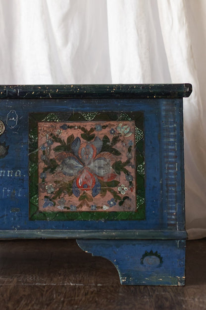 Antique Hand Painted Chest in Blue with Floral Motifs