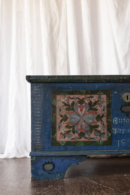 Antique Hand Painted Chest in Blue with Floral Motifs