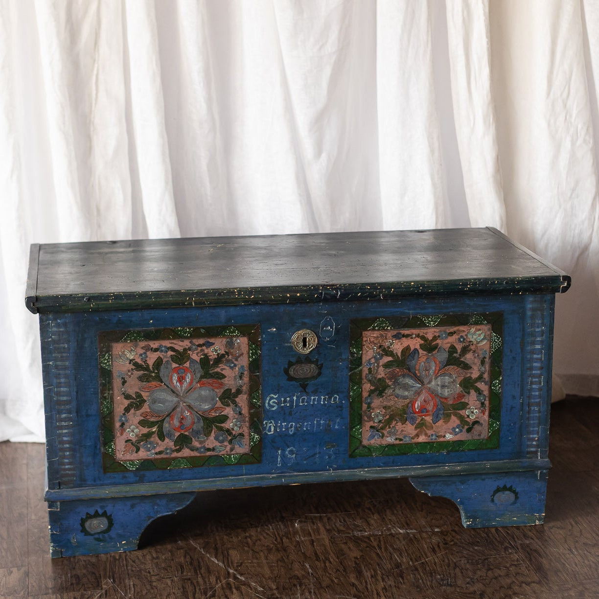 Antique Hand Painted Chest in Blue with Floral Motifs