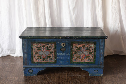 Antique Hand Painted Chest in Blue with Floral Motifs
