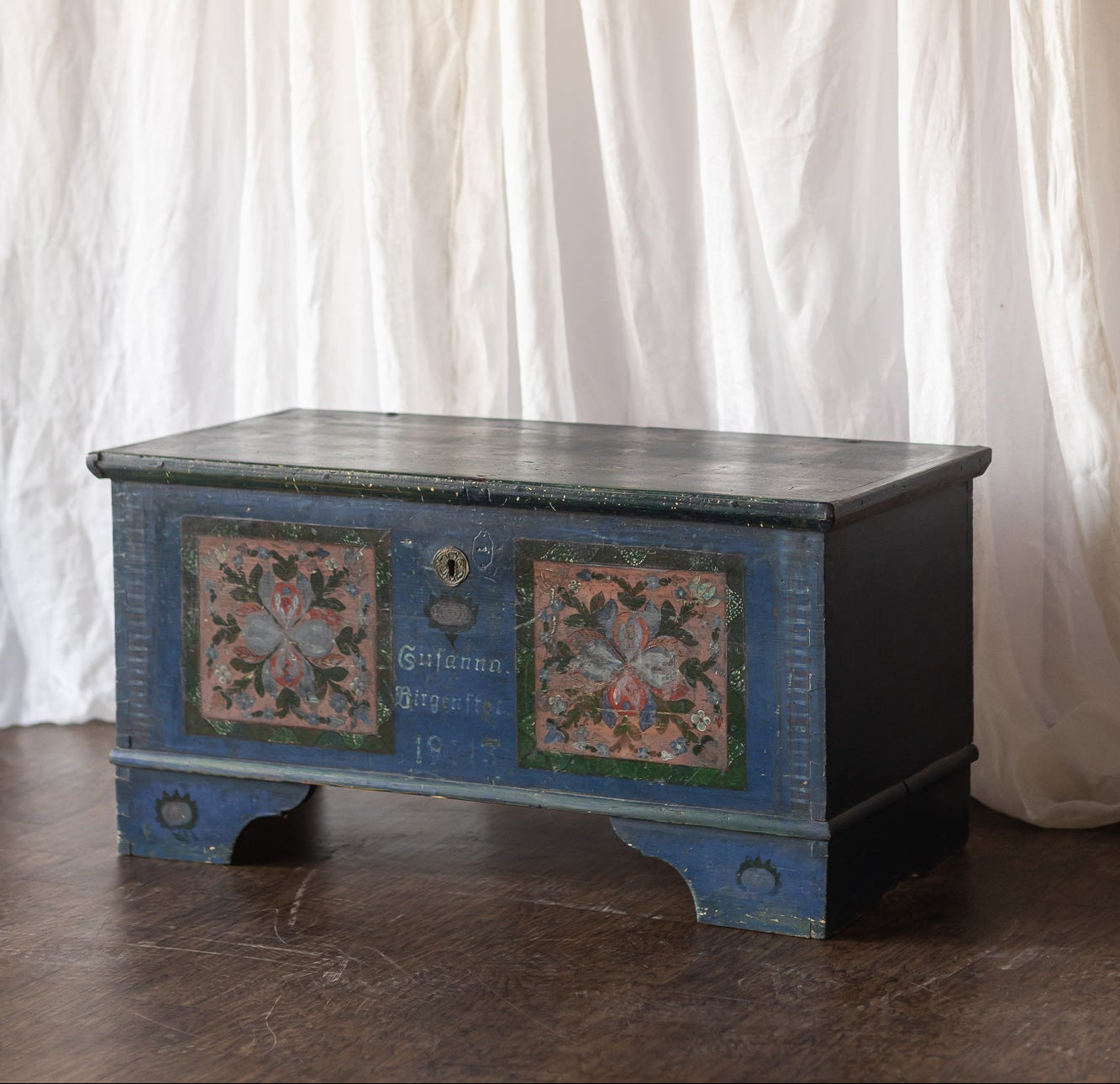 Antique Hand Painted Chest in Blue with Floral Motifs