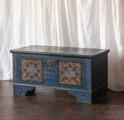 Antique Hand Painted Chest in Blue with Floral Motifs