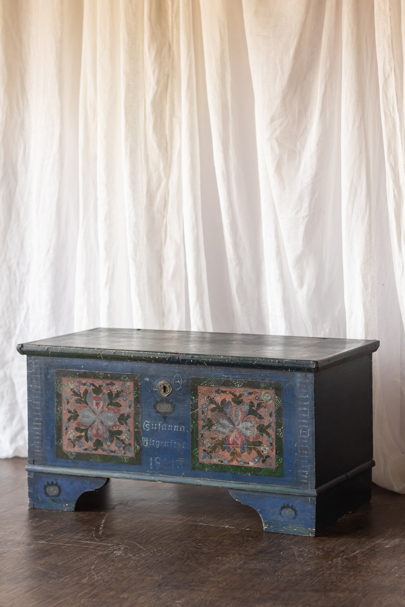 Antique Hand Painted Chest in Blue with Floral Motifs