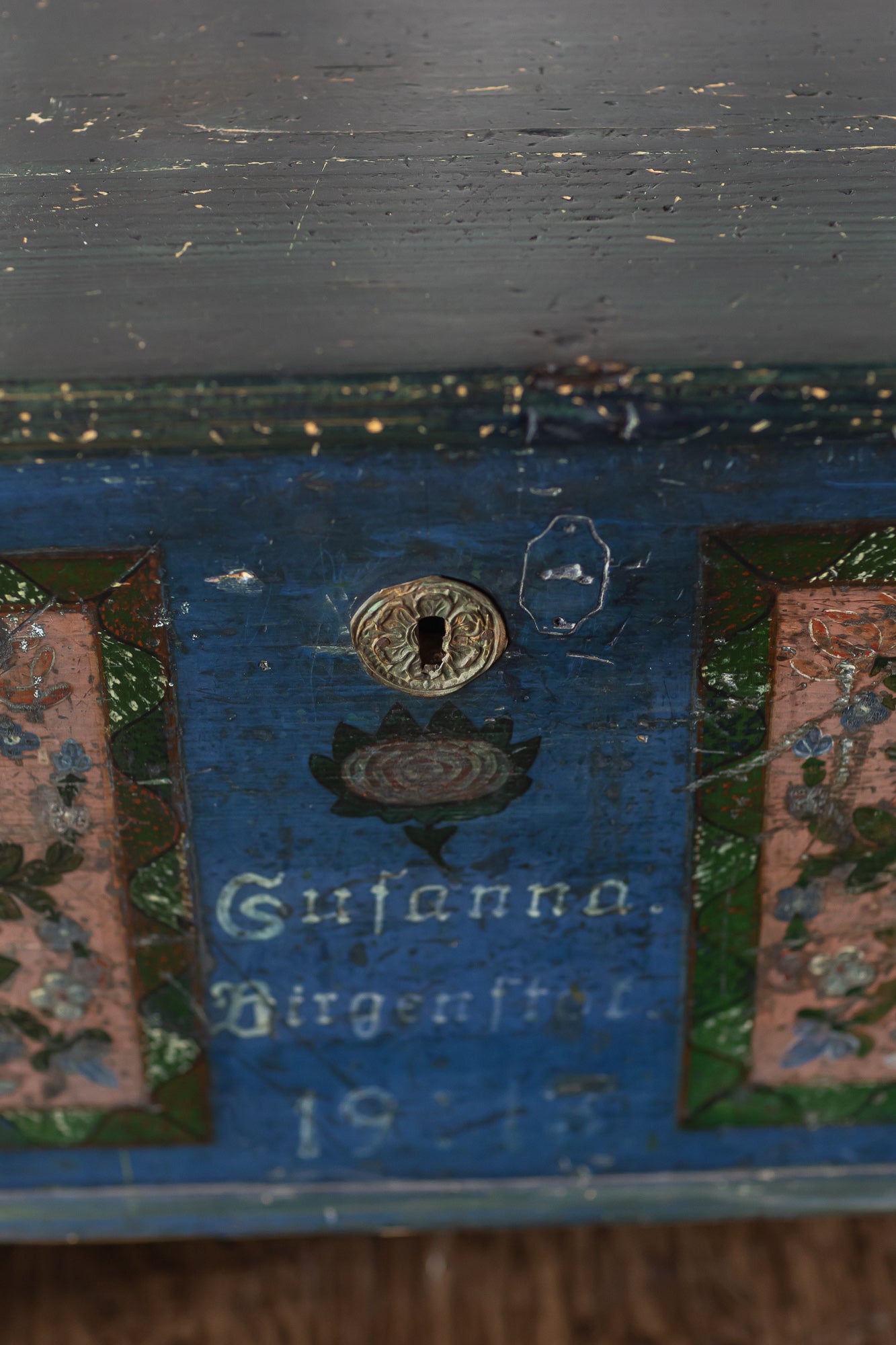 Antique Hand Painted Chest in Blue with Floral Motifs