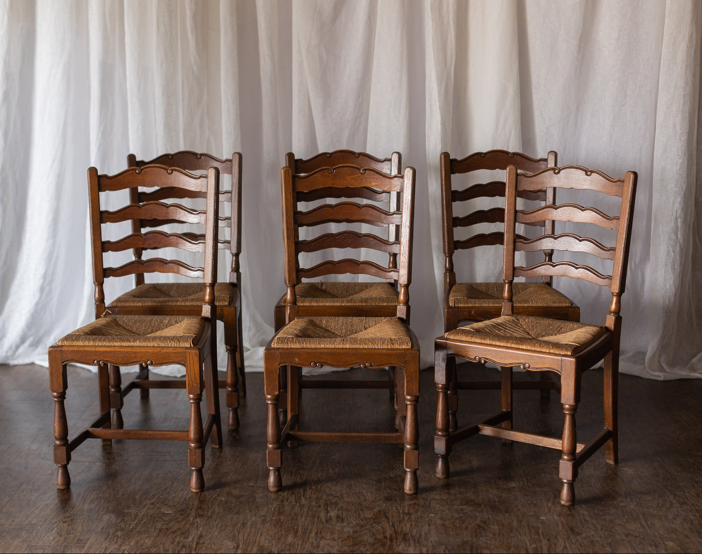 Set of Six French Country Chairs with Rush Seats