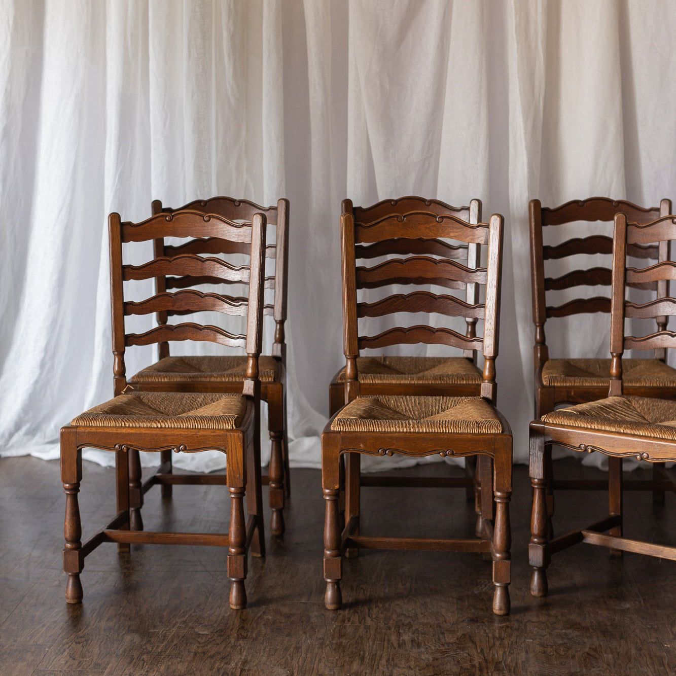 Set of Six French Country Chairs with Rush Seats
