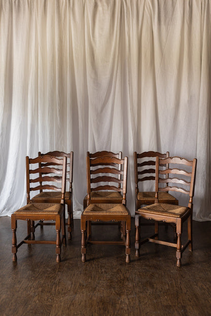 Set of Six French Country Chairs with Rush Seats