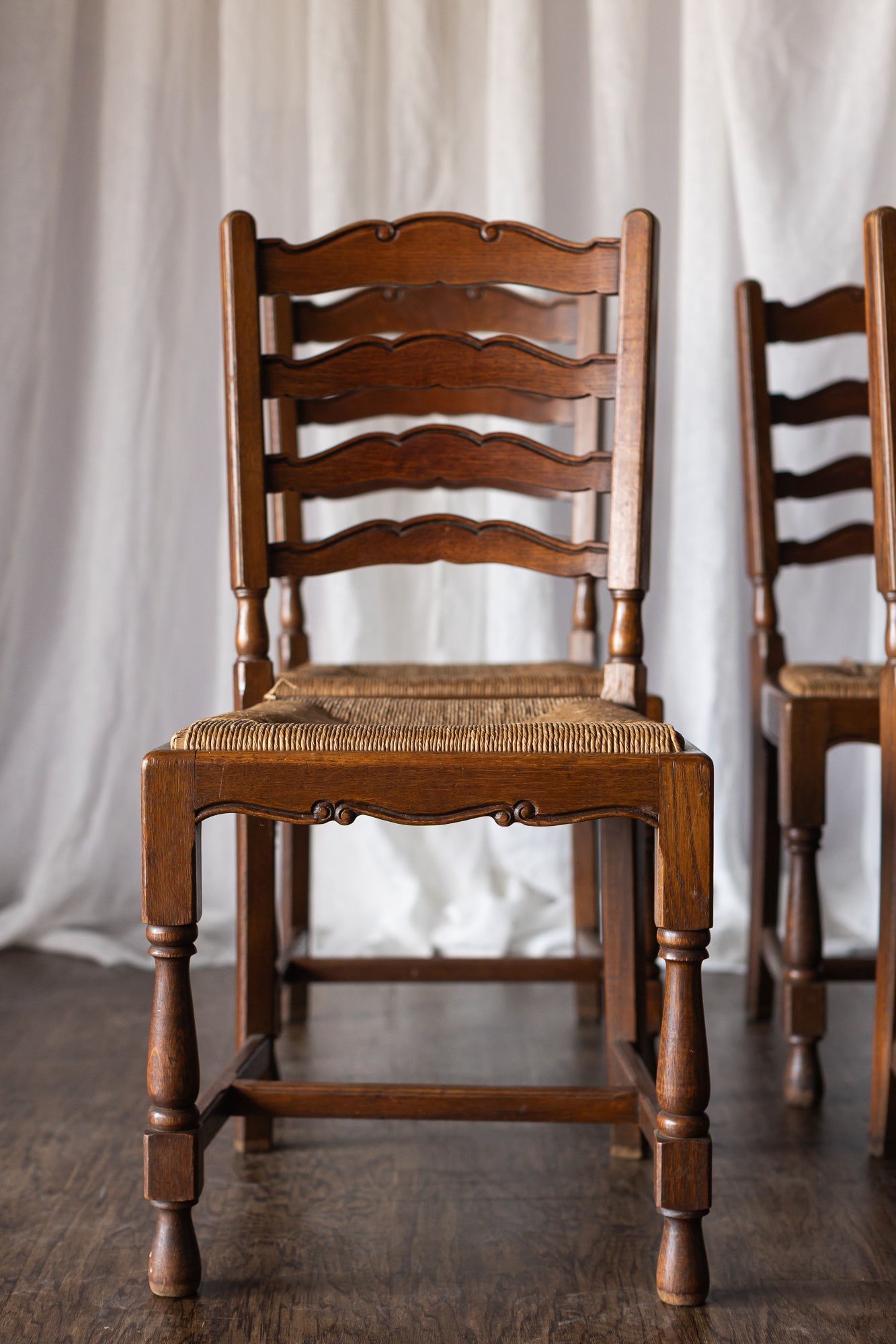 Set of Six French Country Chairs with Rush Seats