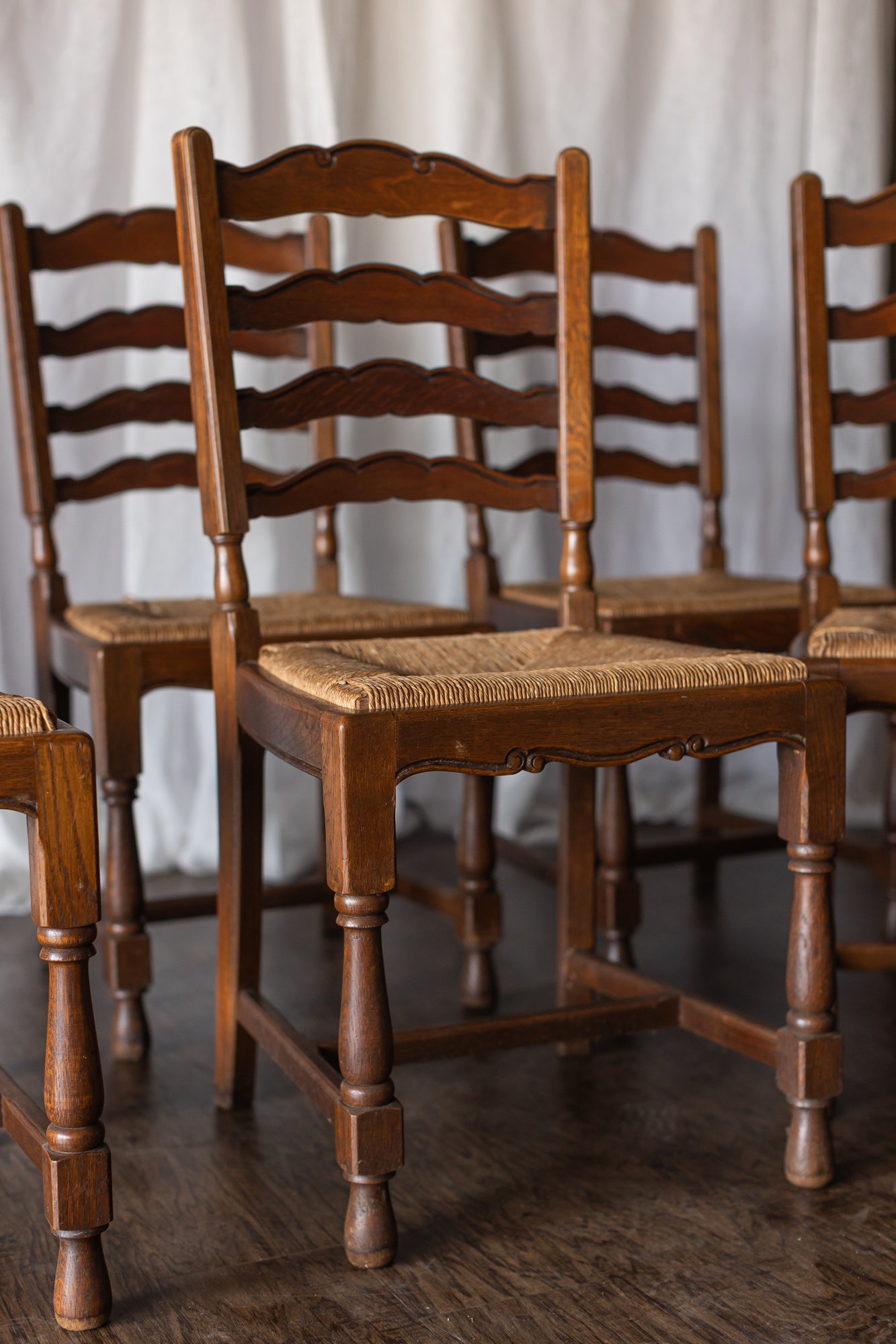 Set of Six French Country Chairs with Rush Seats