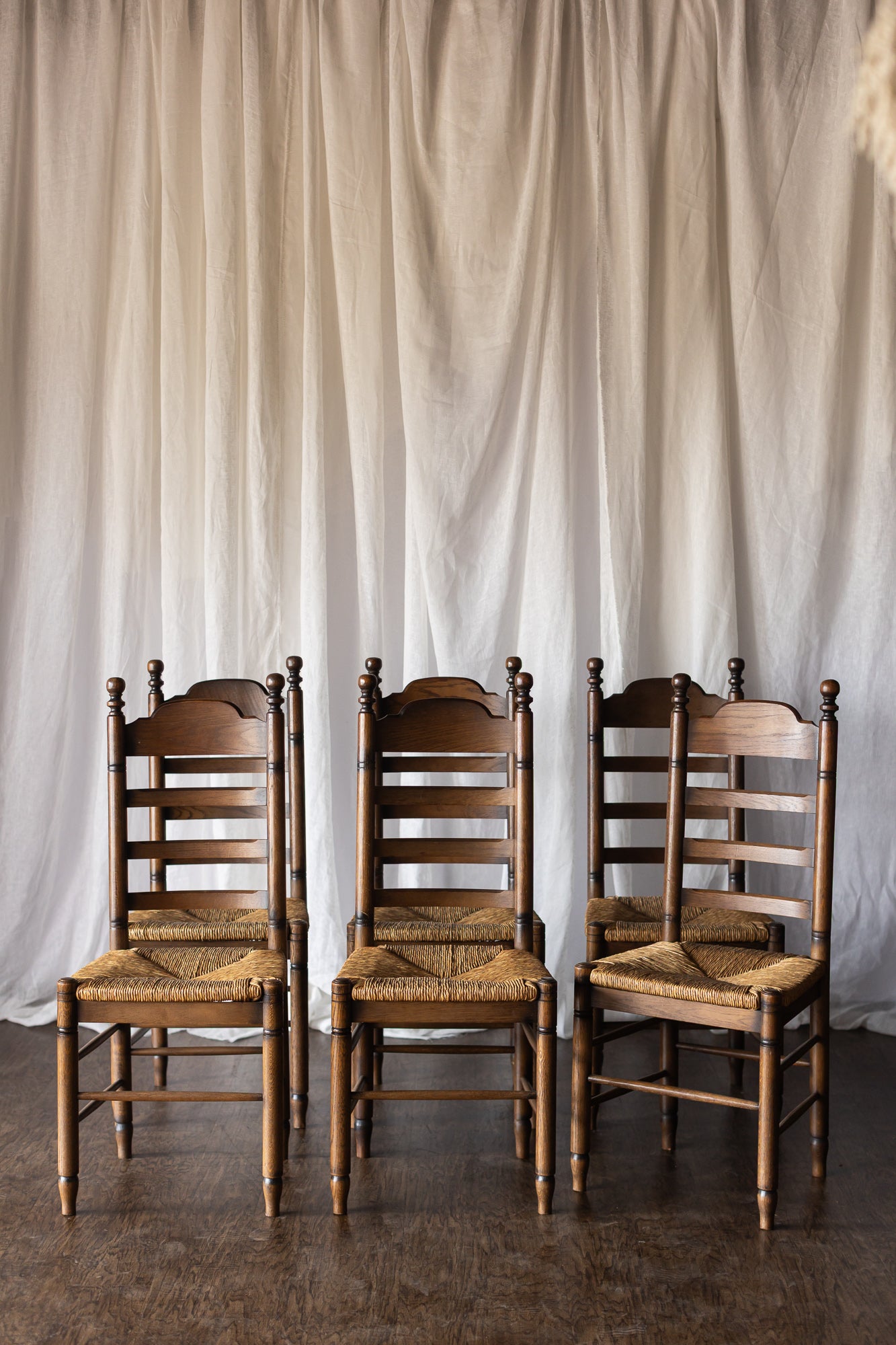 Set of 6 French Oak Rush Seat Dining Chairs