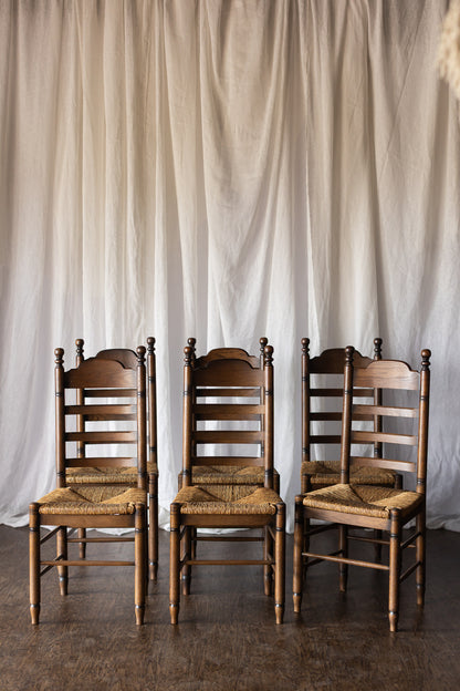Set of 6 French Oak Rush Seat Dining Chairs