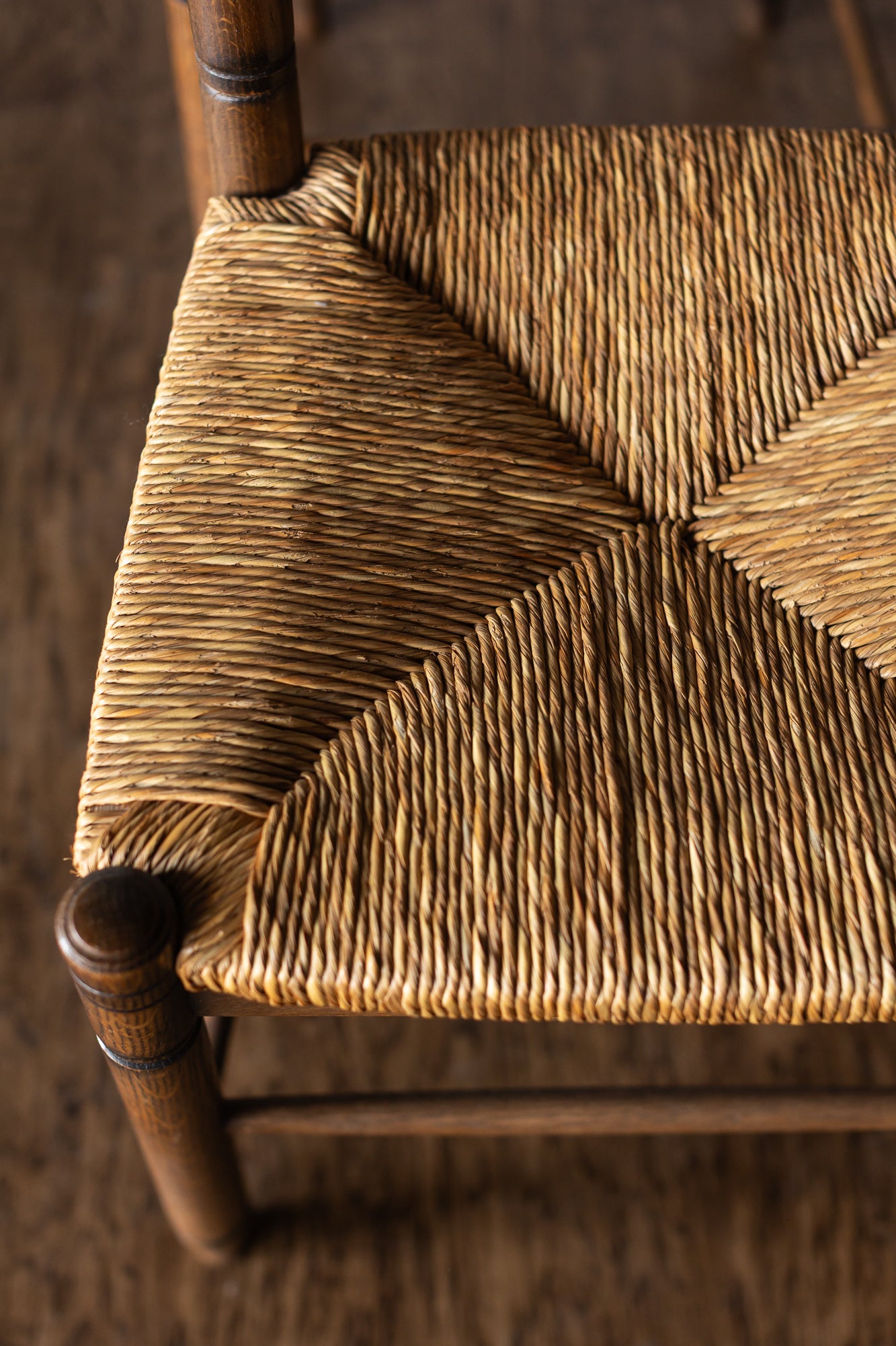 Set of 6 French Oak Rush Seat Dining Chairs