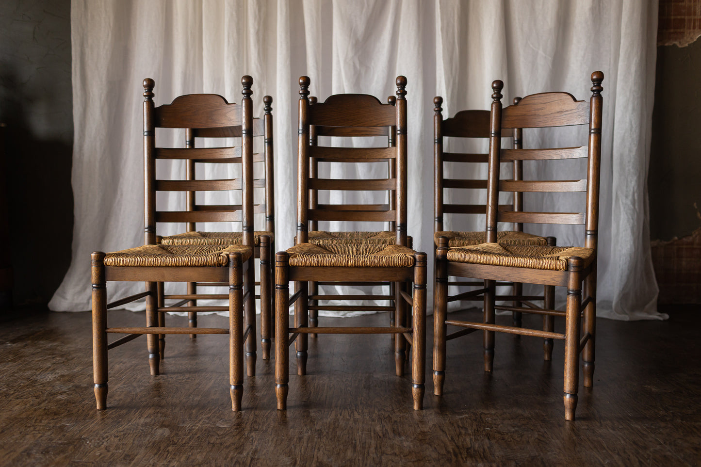 Set of 6 French Oak Rush Seat Dining Chairs